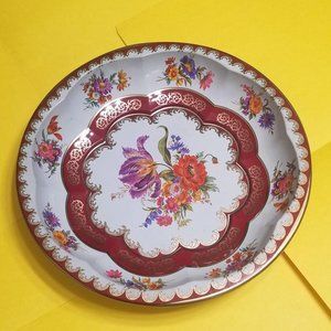 1971 Daher Bowl Serving Fruit Ware Tin Floral Burgundy Scalloped Vintage